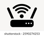 Black icon of a Wi-Fi router with two antennas and signal waves. Simple router design. Wi-Fi symbol for connectivity. Router icon for internet access. User interface icon vector.