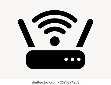 Black icon of a Wi-Fi router with two antennas and signal waves. Simple router design. Wi-Fi symbol for connectivity. Router icon for internet access. User interface icon vector.