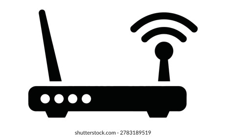 A black icon of a wifi router with two antennas and signal waves is shown