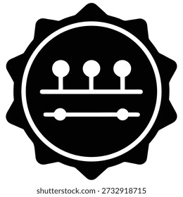 Black icon within a circular badge showing a control panel with three toggle switches and three indicator lights, representing settings.