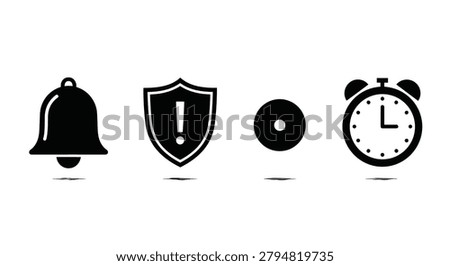 Black icons of alarm clock shield
