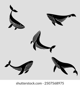  Black icons of blue whales. Black silhouettes. Vector on gray background