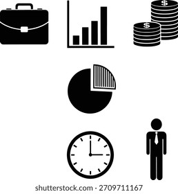 Iconos negros del reloj del gráfico de la barra del maletín y dinero de las finanzas del hombre de negocios