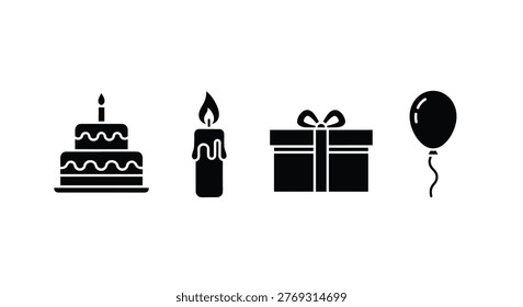Black icons of cake candle gift balloon