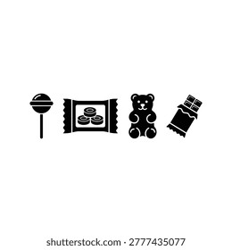Black icons of candy and sweets on white background