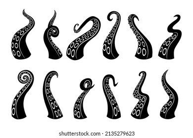 Black icons. Cartoon octopus squid and cuttlefish underwater animals arms. Vector silhouette logo