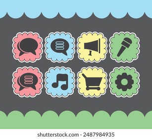 Black icons with a color frame background.
Cute black vector icons for themes.
Icon chat, chat list, media, music, sound, mic, microphone, shop, shopping and settings.