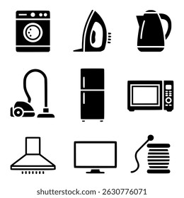 Black icons of common household appliances and sewing