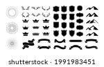 Black icons. Crowns and shields silhouettes. Blank ribbons or labels. Mountains peaks contours. Antlers hunting trophies. Light flash. Explosion and fireworks. Vector emblems templates set