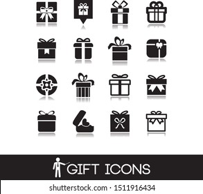 Black icons with different types of gifts, boxes and packages,