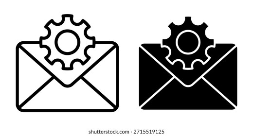 Iconos negros que muestran sobres con símbolos de engranajes. Ideal para configuración de correo, preferencias del sistema, personalización de la bandeja de entrada y herramientas de comunicación digital.