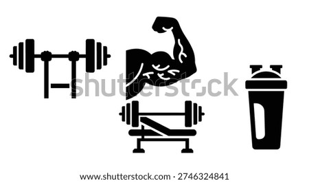 Black icons of dumbbells and bodybuilder
