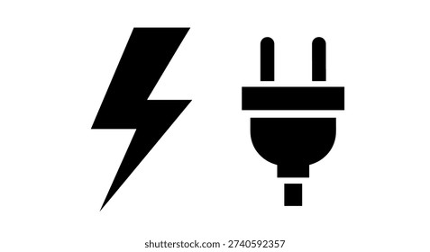 Black icons of electric plug and lightning