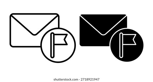 Iconos negros de sobres de correo electrónico con marcadores de bandera utilizados para mensajes prioritarios, recordatorios, etiquetas y sistemas de comunicación organizados.