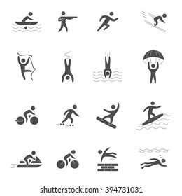 Black icons for extreme sports. Vector character set for action sports. Figures athletes of adventurous sports. Black symbol for extreme sports.