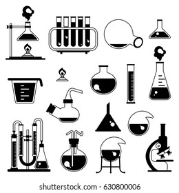 Black icons of flask and test tube in chemical training laboratory for scientific experiments. Flat vector cartoon illustration. Objects isolated on a white background.