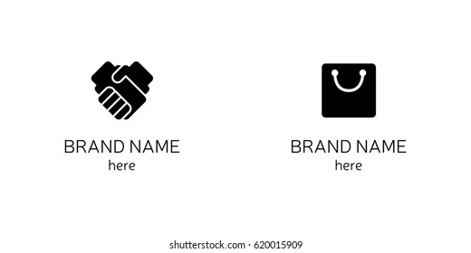 Black icons in form of handshake and briefcase on white background for company logo