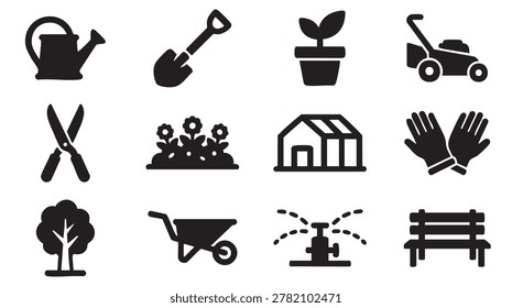 Black icons of gardening tools and objects on white background including watering can shovel plant lawn mower pruning shears flowers greenhouse gloves tree wheelbarrow sprinkler and bench