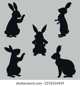 black icons of hares. Vector on a gray background