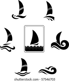 Black icons with the image of yachts on a white background. Company logo design.