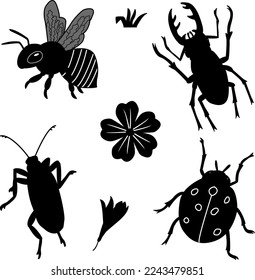Black icons of insects. Vector illustration of stag beetle, ladybug, bee, and flowers