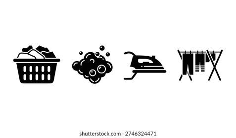 Black icons of laundry basket, bubbles, iron, drying rack