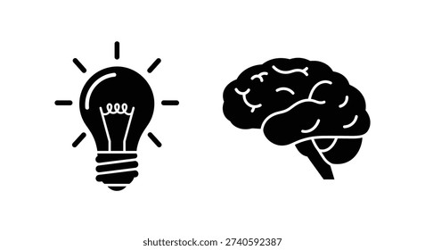 Black icons of light bulb and brain
