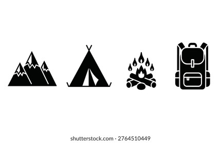 Black icons of mountains tent fire