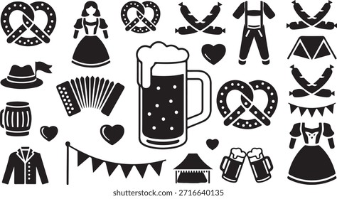 Black icons of Oktoberfest elements including beer, pretzels, and attire Keywords Oktoberfest