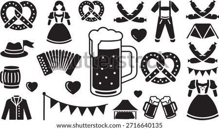 Black icons of Oktoberfest elements including beer, pretzels, and attire Keywords Oktoberfest