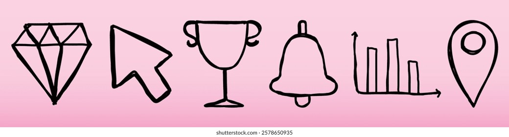 Black icons on pink: diamond, cursor, trophy, bell, chart, and location pin. Icons on pink, icons for design. Doodle element vector set.