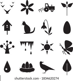 black icons on a white background depicting different manifestations of spring