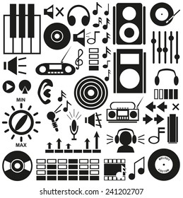 Black icons on white background on the topic of music and sound
