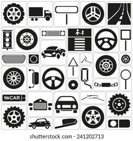 Black icons on white background on the topic of car traffic