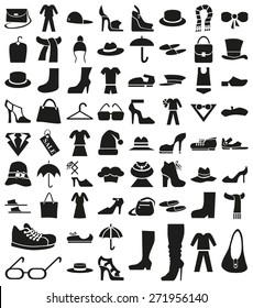 black  icons on white background theme: clothes, accessories, shoes.