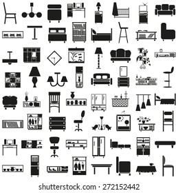 Black icons on white background on the topic of furniture, decor