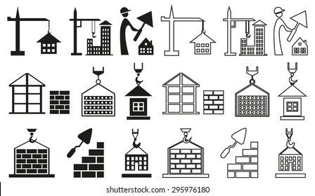 Black icons on white background on the topic of building houses