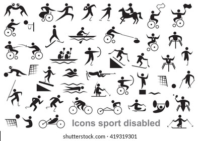 Black Icons On White Background Disabled Sports And Athletes, Wheelchair Users