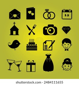 Black icons on a yellow background, representing wedding themes. Suitable for wedding websites, invitations, and event planning materials. Icons include rings, cakes, hearts.