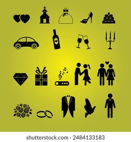 Black icons on a yellow background, representing wedding themes. Suitable for wedding websites, invitations, and event planning materials. Icons include rings, cakes, hearts.