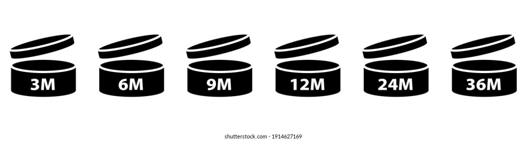 Black icons of Period after opening.PAO symbols set. Expiration period. Period of validity after opening. Useful lifetime of cosmetics after package is opened sign.
