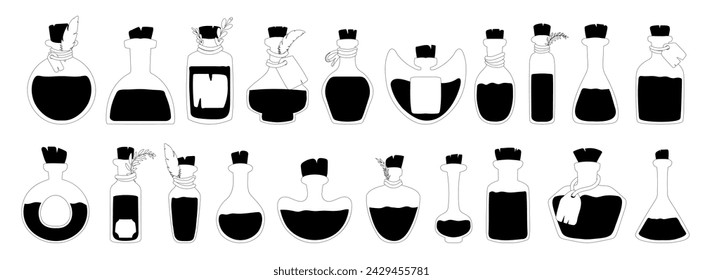 Black icons of potion, elixir, witchcraft liquid. Jars for witchcraft.