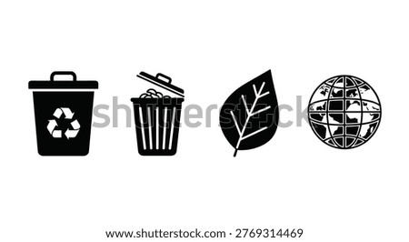 Black icons of recycling bin, trash can, leaf and globe