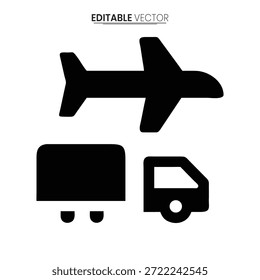 Black icons representing air, road, and freight transport; ideal for logistics and travel themes.