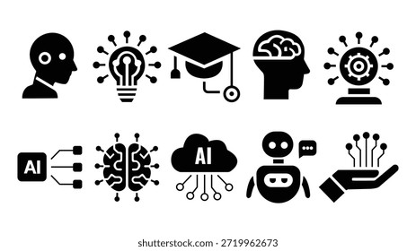 Ícones pretos representando conceitos de inteligência artificial