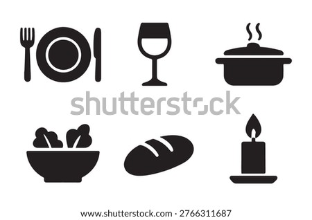 Black icons representing a complete dinner setting with plates, food, and a lit candle.