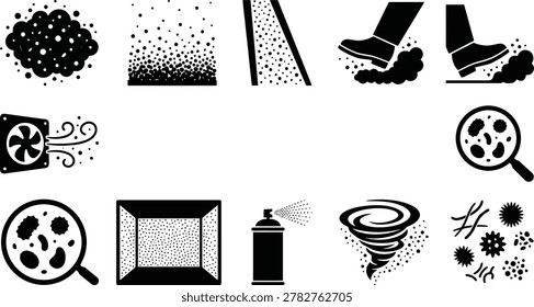 Black Icons Representing Dust, Particles, Microbes, and Airflow on White dirt bacteria
