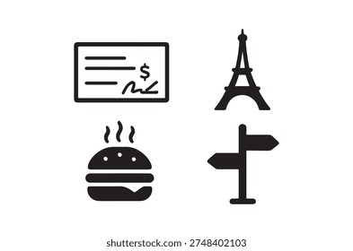 Black icons representing travel elements: money, the Eiffel Tower, a burger, and a directional sign.