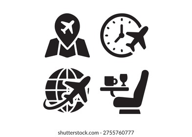 Black icons representing travel elements like flights, destinations, relaxation, and planning.