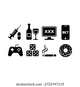 Black icons representing various addictive behaviors and vices on white background